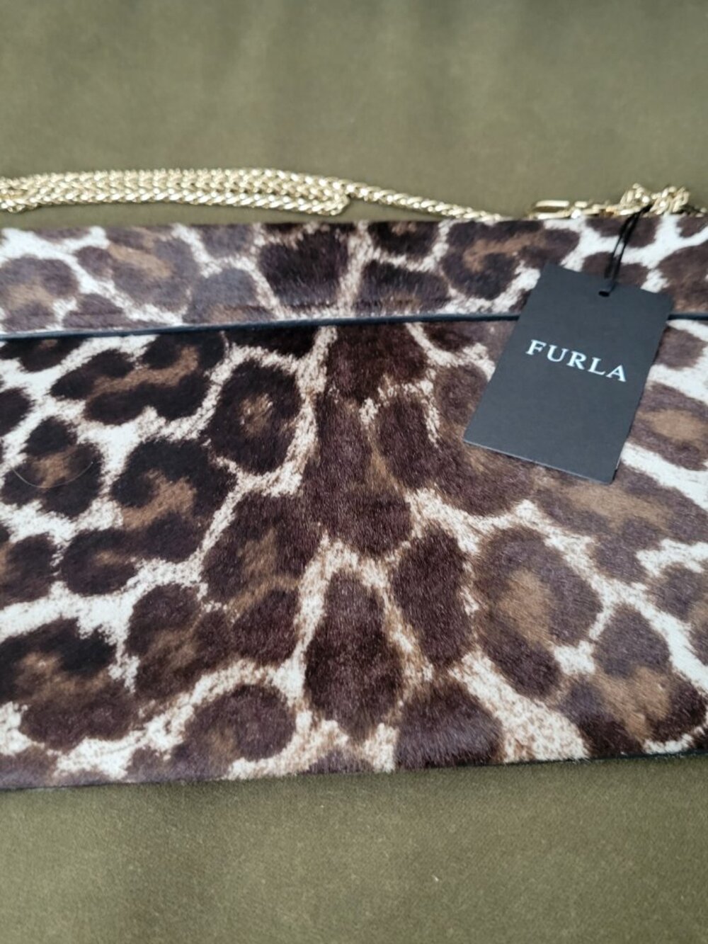 NWT Furla Cowhide Animal Print Leather Gold Chain Clutch Shoulder Bag Italy - Picture 14 of 16